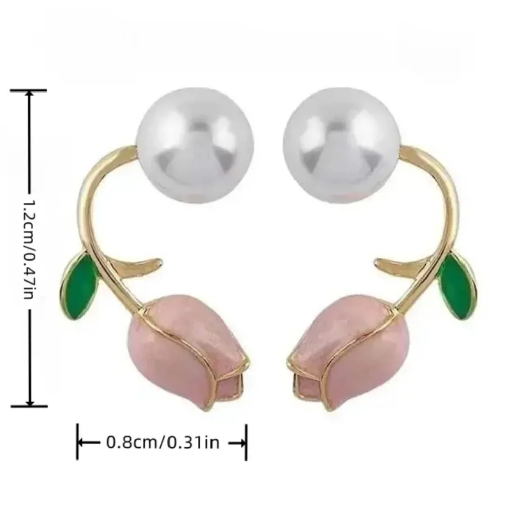 Pink Tulip Flower Faux Pearl Stud Whimsical Earrings